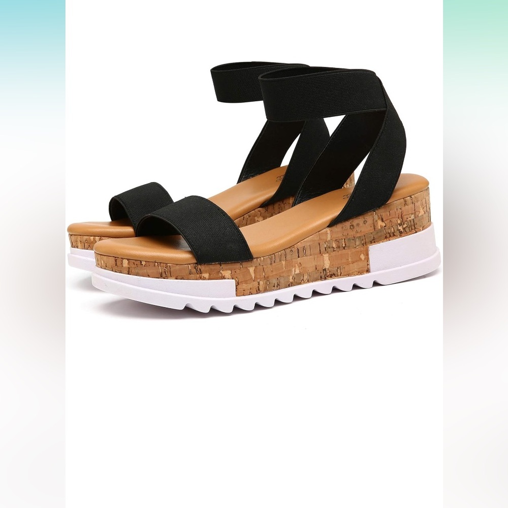 Katliu Women's Wedge Platform Sandals Elastic Ankle Strap Cork Platform Size 8.5